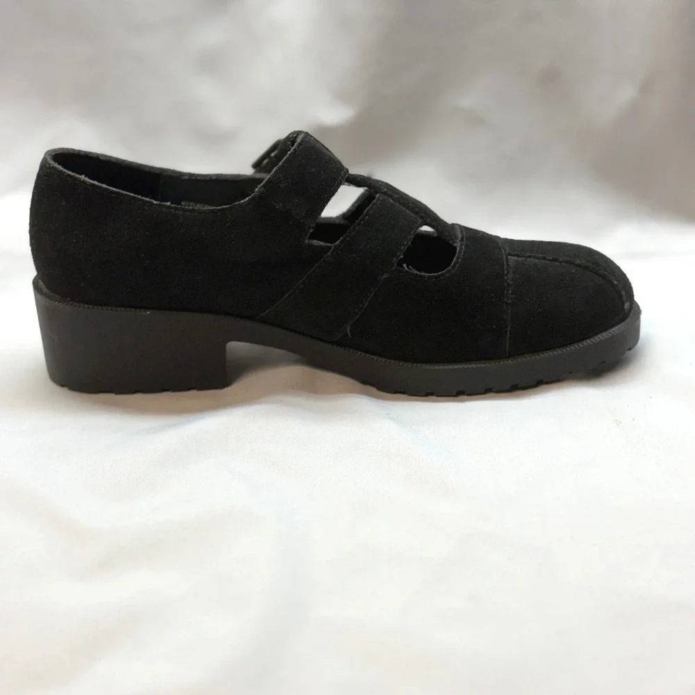 90s Esprit Reflector 74070 Shoes Womens 6 Black Good Vintage Suede Lug Mary Jane